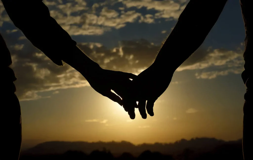 Holding hands in front of a sunset.