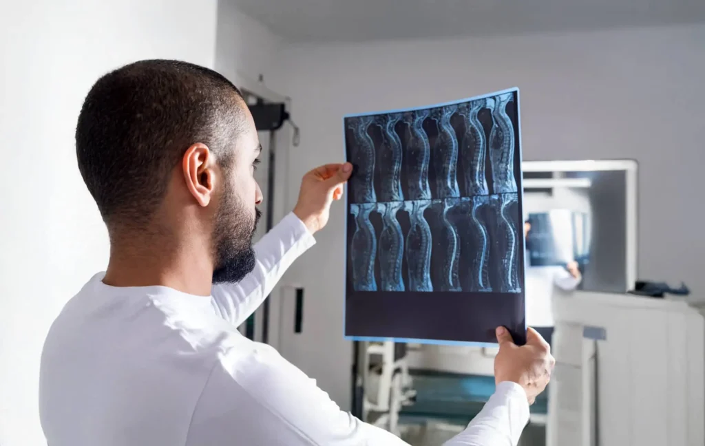 A doctor looks at an x-ray of a spine.