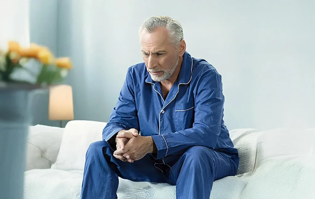 A man sits thinking on a couch.